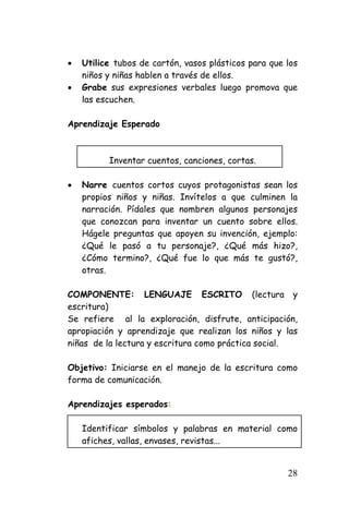• 
Utilice tubos de cartón, vasos plásticos para que los niños y niñas hablen a través de ellos. 
• 
Grabe sus expresiones verbales luego promova que las escuchen. 
Aprendizaje Esperado 
Inventar cuentos, canciones, cortas. 
• 
Narre cuentos cortos cuyos protagonistas sean los propios niños y niñas. Invítelos a que culminen la narración. Pídales que nombren algunos personajes que conozcan para inventar un cuento sobre ellos. Hágele preguntas que apoyen su invención, ejemplo: ¿Qué le pasó a tu personaje?, ¿Qué más hizo?, ¿Cómo termino?, ¿Qué fue lo que más te gustó?, otras. 
COMPONENTE: LENGUAJE ESCRITO (lectura y escritura) 
Se refiere al la exploración, disfrute, anticipación, apropiación y aprendizaje que realizan los niños y las niñas de la lectura y escritura como práctica social. 
Objetivo: Iniciarse en el manejo de la escritura como forma de comunicación. 
Aprendizajes esperados: 
Identificar símbolos y palabras en material como afiches, vallas, envases, revistas... 
28 
 