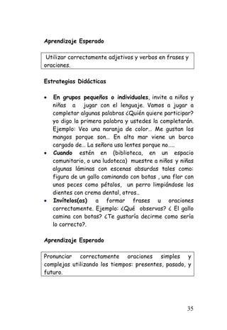Aprendizaje Esperado 
Utilizar correctamente adjetivos y verbos en frases y oraciones. 
Estrategias Didácticas 
• 
En grupos pequeños o individuales, invite a niños y niñas a jugar con el lenguaje. Vamos a jugar a completar algunas palabras ¿Quién quiere participar? yo digo la primera palabra y ustedes la completarán. Ejemplo: Veo una naranja de color… Me gustan los mangos porque son… En alta mar viene un barco cargado de… La señora usa lentes porque no….. 
• 
Cuando estén en (biblioteca, en un espacio comunitario, o una ludoteca) muestre a niños y niñas algunas láminas con escenas absurdas tales como: figura de un gallo caminando con botas , una flor con unos peces como pétalos, un perro limpiándose los dientes con crema dental, otros.. 
• 
Invítelos(as) a formar frases u oraciones correctamente. Ejemplo: ¿Qué observas? ¿ El gallo camina con botas? ¿Te gustaría decirme como sería lo correcto?. 
Aprendizaje Esperado 
Pronunciar correctamente oraciones simples y complejas utilizando los tiempos: presentes, pasado, y futuro. 
35 
 