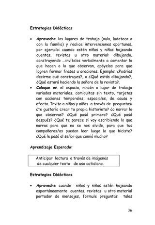Estrategias Didácticas 
• 
Aproveche los lugares de trabajo (aula, ludoteca o con la familia) y realice intervenciones oportunas, por ejemplo: cuando estén niños y niñas hojeando cuentos, revistas u otro material: dibujando, construyendo ...invítelos verbalmente a comentar lo que hacen o lo que observan, apóyelos para que logren formar frases u oraciones. Ejemplo: ¿Podrías decirme qué construyes?, o ¿Qué estás dibujando?, ¿Qué estará haciendo la señora de la revista?. 
• 
Coloque en el espacio, rincón o lugar de trabajo variados materiales, comiquitas sin texto, tarjetas con acciones temporales, espaciales, de causa y efecto. Invite a niños y niñas a través de preguntas: ¿te gustaría crear tu propia historieta? ¿o narrar lo que observas? ¿Qué pasó primero? ¿Qué pasó después? ¿Qué te parece si voy escribiendo lo que narras para que no se nos olvide, para que tus compañeros/as puedan leer luego lo que hiciste? ¿Qué le pasó al señor que comió mucho? 
Aprendizaje Esperado: 
Anticipar lectura a través de imágenes 
de cualquier texto de uso cotidiano. 
Estrategias Didácticas 
• 
Aproveche cuando niños y niñas estén hojeando espontáneamente cuentos, revistas u otro material portador de mensajes, formule preguntas tales 
36 
 
