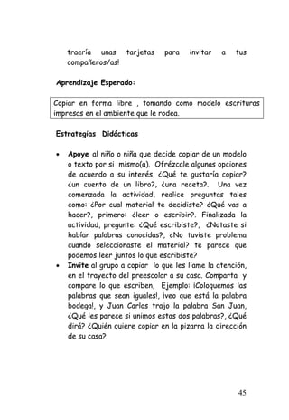 traería unas tarjetas para invitar a tus compañeros/as! 
Aprendizaje Esperado: 
Copiar en forma libre , tomando como modelo escrituras impresas en el ambiente que le rodea. 
Estrategias Didácticas 
• 
Apoye al niño o niña que decide copiar de un modelo o texto por si mismo(a). Ofrézcale algunas opciones de acuerdo a su interés, ¿Qué te gustaría copiar? ¿un cuento de un libro?, ¿una receta?. Una vez comenzada la actividad, realice preguntas tales como: ¿Por cual material te decidiste? ¿Qué vas a hacer?, primero: ¿leer o escribir?. Finalizada la actividad, pregunte: ¿Qué escribiste?, ¿Notaste si habían palabras conocidas?, ¿No tuviste problema cuando seleccionaste el material? te parece que podemos leer juntos lo que escribiste? 
• 
Invite al grupo a copiar lo que les llame la atención, en el trayecto del preescolar a su casa. Comparta y compare lo que escriben, Ejemplo: ¡Coloquemos las palabras que sean iguales!, ¡veo que está la palabra bodega!, y Juan Carlos trajo la palabra San Juan, ¿Qué les parece si unimos estas dos palabras?, ¿Qué dirá? ¿Quién quiere copiar en la pizarra la dirección de su casa? 
45 
 