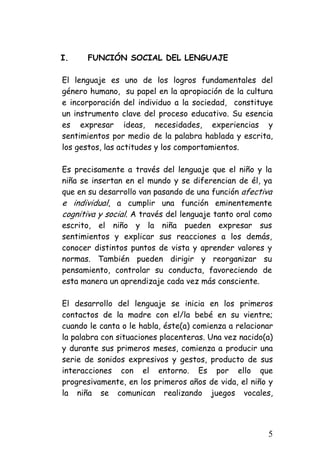 I. 
FUNCIÓN SOCIAL DEL LENGUAJE 
El lenguaje es uno de los logros fundamentales del género humano, su papel en la apropiación de la cultura e incorporación del individuo a la sociedad, constituye un instrumento clave del proceso educativo. Su esencia es expresar ideas, necesidades, experiencias y sentimientos por medio de la palabra hablada y escrita, los gestos, las actitudes y los comportamientos. 
Es precisamente a través del lenguaje que el niño y la niña se insertan en el mundo y se diferencian de él, ya que en su desarrollo van pasando de una función afectiva e individual, a cumplir una función eminentemente cognitiva y social. A través del lenguaje tanto oral como escrito, el niño y la niña pueden expresar sus sentimientos y explicar sus reacciones a los demás, conocer distintos puntos de vista y aprender valores y normas. También pueden dirigir y reorganizar su pensamiento, controlar su conducta, favoreciendo de esta manera un aprendizaje cada vez más consciente. 
El desarrollo del lenguaje se inicia en los primeros contactos de la madre con el/la bebé en su vientre; cuando le canta o le habla, éste(a) comienza a relacionar la palabra con situaciones placenteras. Una vez nacido(a) y durante sus primeros meses, comienza a producir una serie de sonidos expresivos y gestos, producto de sus interacciones con el entorno. Es por ello que progresivamente, en los primeros años de vida, el niño y la niña se comunican realizando juegos vocales, 
5 
 