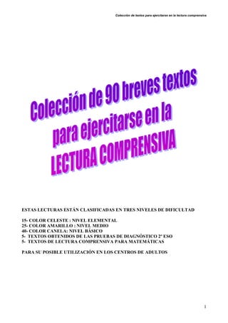 Colección de textos para ejercitarse en la lectura comprensiva
1
ESTAS LECTURAS ESTÁN CLASIFICADAS EN TRES NIVELES DE DIFICULTAD
15- COLOR CELESTE : NIVEL ELEMENTAL
25- COLOR AMARILLO : NIVEL MEDIO
40- COLOR CANELA: NIVEL BÁSICO
5- TEXTOS OBTENIDOS DE LAS PRUEBAS DE DIAGNÓSTICO 2º ESO
5- TEXTOS DE LECTURA COMPRENSIVA PARA MATEMÁTICAS
PARA SU POSIBLE UTILIZACIÓN EN LOS CENTROS DE ADULTOS
 