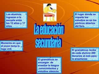 La educación secundaria Los alumnos ingresan a la escuela entre los 12 años y 17 años. Momento en que el joven toma la toga viril. El gramáticos se encargan  de enseñar la lengua ,conocimientos y estudios clásicos. El gramáticos recibe de cada alumno 200 denarios al mes para la enseñanza El lugar donde se imparte los estudios es en los pórticos abiertos del foro. 