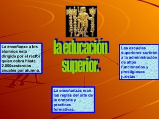 la educación  superior. La enseñanza a los alumnos esta dirigida por el rector quien cobra hasta 2.000sestercios anuales por alumno. La enseñanzas eran las reglas del arte de la oratoria y practicas formativas. Las escuelas superiores surtirán a la administración de altos funcionarios y prestigiosos juristas 