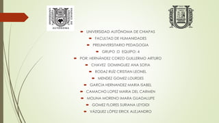  UNIVERSIDAD AUTÓNOMA DE CHIAPAS
 FACULTAD DE HUMANIDADES
 PREUNIVERSITARIO PEDAGOGIA
 GRUPO :D EQUIPO: 4
 POR: HERNÁNDEZ CORZO GUILLERMO ARTURO
 CHAVEZ DOMINGUEZ ANA SOFIA
 RODAZ RUÍZ CRISTIAN LEONEL
 MENDEZ GOMEZ LOURDES
 GARCIA HERNANDEZ MARIA ISABEL
 CAMACHO LOPEZ MARIA DEL CARMEN
 MOLINA MORENO IMARA GUADALUPE
 GOMEZ FLORES SURIANA LEYDIDI
 VÁZQUEZ LÓPEZ ERICK ALEJANDRO
 