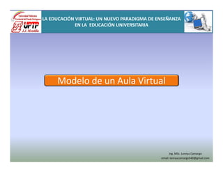 Modelo de un Aula Virtual
Ing. MSc. Lennys Camargo
email: lennyscamargo540@gmail.com
LA EDUCACIÓN VIRTUAL: UN NUEVO PARADIGMA DE ENSEÑANZA
EN LA EDUCACIÓN UNIVERSITARIA
 
