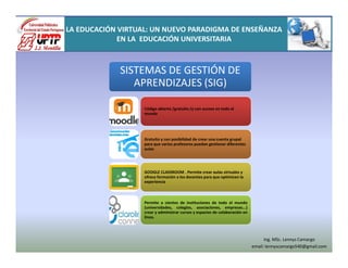 SISTEMAS DE GESTIÓN DE
APRENDIZAJES (SIG)
SISTEMAS DE GESTIÓN DE
APRENDIZAJES (SIG)
Código abierto /gratuito /y con acceso en todo el
mundo
Gratuito y con posibilidad de crear una cuenta grupal
para que varios profesores puedan gestionar diferentes
aulas
GOOGLE CLASSROOM . Permite crear aulas virtuales y
ofrece formación a los docentes para que optimicen la
experiencia
Permite a cientos de instituciones de todo el mundo
(universidades, colegios, asociaciones, empresas...)
crear y administrar cursos y espacios de colaboración en
línea.
LA EDUCACIÓN VIRTUAL: UN NUEVO PARADIGMA DE ENSEÑANZA
EN LA EDUCACIÓN UNIVERSITARIA
Ing. MSc. Lennys Camargo
email: lennyscamargo540@gmail.com
 