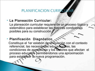  La Planeación Curricular:
La planeación curricular requiere de un proceso lógico y
sistemático para establecer las mejores condiciones
posibles para su construcción.
 Planificación Diagnóstico
Constituye el 1er eslabón de vinculación con el contexto
referencial, las necesidades educacionales, las
condiciones de aprendizaje y los factores que afectan el
proceso educativo permitiéndonos una aproximación
para establecer la nueva programación.
 
