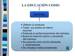 LA EDUCACIÓN COMO
SISTEMA
• Obtiene un producto
• Todas sus partes se interre-
lacionan
• Pretende el perfeccionamiento del individuo
• Busca la inserción activa y consciente
del individuo
• Se presenta como acción planeada,
y sistematizada.
• Se cristaliza institucionalmente
 