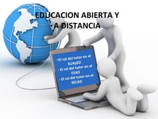 -El rol del tutor en el
SUAyED
- El rol del tutor en el
ESAD
- El rol del tutor en el
SECAD
EDUCACION ABIERTA Y
A DISTANCIA
 