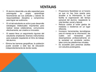 VENTAJAS
•   El alumno desarrolla una alta capacidad para      •   Proporciona flexibilidad en el horario
    autorregular     su    propio    aprendizaje          ya que no hay hora exacta para
    favoreciendo así sus actitudes y valores de           acceder a la información, lo cual
    responsabilidad, disciplina y compromiso              facilita la organización del tiempo
    para lograr ser autónomo.                             personal del alumno, respetando la
                                                          vida familiar, social y laboral.
•   El rol del estudiante es activo pues desarrolla
                                                      •   Reduce costos al evitar gastos de
    estrategias intelectuales importantes para
                                                          traslados o residencia en un lugar
    realizar tareas colaborativas, comunicarse
                                                          diferente.
    efectivamente, ser creativo e innovador.
                                                      •   Incorpora herramientas tecnológicas
•   El asesor lleva un seguimiento riguroso del           para el manejo de la información, las
    estudiante empleando diversos instrumentos            cuales      son     necesarias    para
    para evaluarlo respetando el ritmo de trabajo         desempeñarse profesionalmente en
    del alumno.                                           la sociedad en constante cambio,
                                                          tales como las plataformas virtuales.
•   Elimina las barreras geográficas, la población
                                                      •   Es accesible para personas adultas
    puede acceder a este tipo de educación
                                                          con estudios postergados.
    independientemente de donde resida.
 