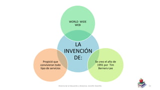 LA
INVENCIÓN
DE:
WORLD WIDE
WEB
Se creo el año de
1991 por Tim
Berners-Lee
Propició que
convivieran todo
tipo de servicios
Historia de la Educación a distancia- Jennifer Alamilla 12
 