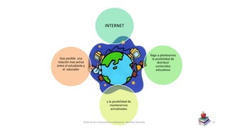 INTERNET
llego a plantearnos
la posibilidad de
distribuir
contenidos
educativos
y la posibilidad de
mantenernos
actualizados
hizo posible una
relación mas activa
entre el estudiante y
el educador
Historia de la Educación a distancia- Jennifer Alamilla 13
 