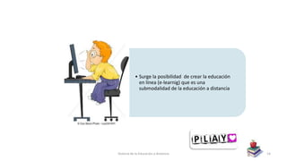 • Surge la posibilidad de crear la educación
en línea (e-learnig) que es una
submodalidad de la educación a distancia
Historia de la Educación a distancia 14
 
