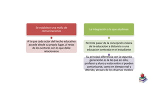 Se establece una malla de
comunicaciones
A la que cada actor del hecho educativo
accede desde su propio lugar, al resto
de los sectores con lo que debe
relacionarse
La integración a la que aludimos
Permite pasar de la concepción clásica
de la educacion a distancia a una
educacion centrada en el estudiante
Su principal diferencia con la segunda
generación es la de que en esta,
profesor y aluno y estos entre si pueden
comunicarse, como en tiempo real y
diferido, atraves de los diversos medios
 