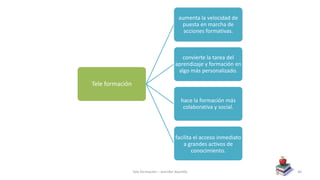 Tele formación
aumenta la velocidad de
puesta en marcha de
acciones formativas.
convierte la tarea del
aprendizaje y formación en
algo más personalizado.
hace la formación más
colaborativa y social.
facilita el acceso inmediato
a grandes activos de
conocimiento.
Tele formación – Jennifer Alamilla 46
 