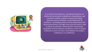 Es un entorno de enseñanza - aprendizaje basado en un
sistema de comunicación mediada por computadoras, que
aumenta la calidad, creando un espacio de trabajo
educativo, lejano, facilitador, y el procedimiento de
enseñanza - aprendizaje puede ser tanto independiente del
horario (asincrónico) y del lugar como estar presente en toda
la vida de una persona. Intenta facilitar el aprendizaje
cooperativo entre estudiantes y profesores, entre los propios
profesores y entre una clase y comunidades más amplias,
académicas y no académicas.
Aulas Satelitales – Nayeli Cocom 53
 