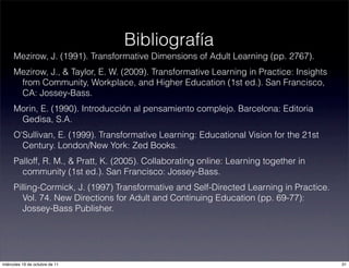 Mezirow, J. (1991). Transformative Dimensions of Adult Learning (pp. 2767).
Mezirow, J., & Taylor, E. W. (2009). Transformative Learning in Practice: Insights
from Community, Workplace, and Higher Education (1st ed.). San Francisco,
CA: Jossey-Bass.
Morin, E. (1990). Introducción al pensamiento complejo. Barcelona: Editoria
Gedisa, S.A.
O'Sullivan, E. (1999). Transformative Learning: Educational Vision for the 21st
Century. London/New York: Zed Books.
Palloff, R. M., & Pratt, K. (2005). Collaborating online: Learning together in
community (1st ed.). San Francisco: Jossey-Bass.
Pilling-Cormick, J. (1997) Transformative and Self-Directed Learning in Practice.
Vol. 74. New Directions for Adult and Continuing Education (pp. 69-77):
Jossey-Bass Publisher.
Bibliografía
31miércoles 19 de octubre de 11
 