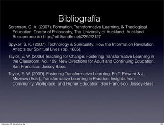 Sorensen, C. A. (2007). Formation, Transformative Learning, & Theological
Education. Doctor of Philosophy, The University of Auckland, Auckland.
Recuperado de http://hdl.handle.net/2292/2127
Spyker, S. K. (2007). Technology & Spirituality: How the Information Revolution
Affects our Spiritual Lives (pp. 1685).
Taylor, E. W. (2006) Teaching for Change: Fostering Transformative Learning in
the Classroom. Vol. 109. New Directions for Adult and Continuing Education.
San Francisco: Jossey Bass.
Taylor, E. W. (2009). Fostering Transformative Learning. En T. Edward & J.
Mezirow (Eds.), Transformative Learning in Practice: Insights from
Community, Workplace, and Higher Education. San Francisco: Jossey-Bass.
Bibliografía
33miércoles 19 de octubre de 11
 