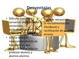 Desventajas
• Dificulta transmitir y
• Posibles retrasos en
conservar determinados la retroalimentación
contenidos
(feedback) y
actitudinales para
rectificación de posibles
mejorar la socialización.
errores.
• Ofrece limitado
intercambio directo de
experiencias que
proporciona la relación
profesor-alumno y
alumno-alumno.

 