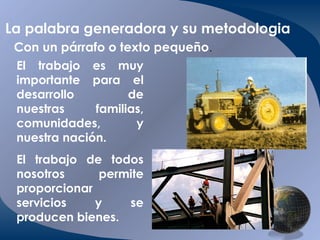 La palabra generadora y su metodologia Con un párrafo o texto pequeño . El trabajo es muy importante para el desarrollo de nuestras  familias, comunidades, y nuestra nación. El trabajo de todos nosotros permite proporcionar servicios y se producen bienes.  