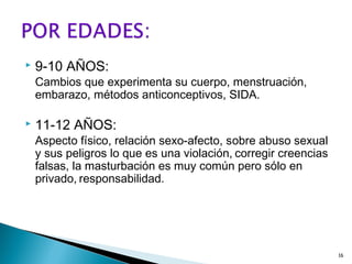  9-10 AÑOS:
Cambios que experimenta su cuerpo, menstruación,
embarazo, métodos anticonceptivos, SIDA.
 11-12 AÑOS:
Aspecto físico, relación sexo-afecto, sobre abuso sexual
y sus peligros lo que es una violación, corregir creencias
falsas, la masturbación es muy común pero sólo en
privado, responsabilidad.
16
 