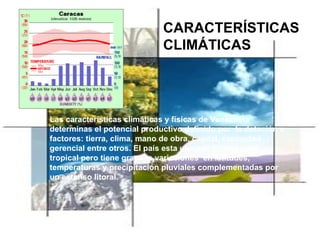 CARACTERÍSTICAS CLIMÁTICAS  Las características climáticas y físicas de Venezuela determinas el potencial productivo definido por  la dotación e factores: tierra, clima, mano de obra, capital, capacidad gerencial entre otros. El país esta ubicado en una zona tropical pero tiene grandes variaciones  en latitudes, temperaturas y precipitación pluviales complementadas por un extenso litoral.   