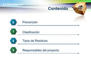 Contenido Prevención 6 Clasificación 7 Tipos de Residuos 8 Responsables del proyecto 9 