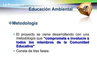 Educación Ambiental Metodología El proyecto se viene desarrollando con una metodología que  “comprometa e involucre a todos los miembros de la Comunidad Educativa”  Consta de tres fases: 