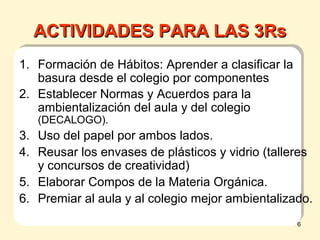 ACTIVIDADES PARA LAS 3RsACTIVIDADES PARA LAS 3Rs
1. Formación de Hábitos: Aprender a clasificar la
basura desde el colegio por componentes
2. Establecer Normas y Acuerdos para la
ambientalización del aula y del colegio
(DECALOGO).
3. Uso del papel por ambos lados.
4. Reusar los envases de plásticos y vidrio (talleres
y concursos de creatividad)
5. Elaborar Compos de la Materia Orgánica.
6. Premiar al aula y al colegio mejor ambientalizado.
6
 