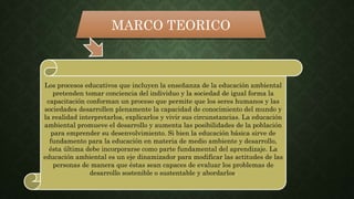 MARCO TEORICO
Los procesos educativos que incluyen la enseñanza de la educación ambiental
pretenden tomar conciencia del individuo y la sociedad de igual forma la
capacitación conforman un proceso que permite que los seres humanos y las
sociedades desarrollen plenamente la capacidad de conocimiento del mundo y
la realidad interpretarlos, explicarlos y vivir sus circunstancias. La educación
ambiental promueve el desarrollo y aumenta las posibilidades de la población
para emprender su desenvolvimiento. Si bien la educación básica sirve de
fundamento para la educación en materia de medio ambiente y desarrollo,
ésta última debe incorporarse como parte fundamental del aprendizaje. La
educación ambiental es un eje dinamizador para modificar las actitudes de las
personas de manera que éstas sean capaces de evaluar los problemas de
desarrollo sostenible o sustentable y abordarlos.
 