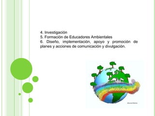 4. Investigación  5. Formación de Educadores Ambientales  6. Diseño, implementación, apoyo y promoción de planes y acciones de comunicación y divulgación.  
