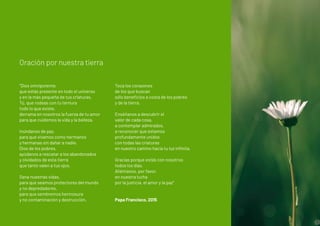 Oración por nuestra tierra
“Dios omnipotente,
que estás presente en todo el universo
y en la más pequeña de tus criaturas,
Tú, que rodeas con tu ternura
todo lo que existe,
derrama en nosotros la fuerza de tu amor
para que cuidemos la vida y la belleza.
Inúndanos de paz,
para que vivamos como hermanos
y hermanas sin dañar a nadie.
Dios de los pobres,
ayúdanos a rescatar a los abandonados
y olvidados de esta tierra
que tanto valen a tus ojos.
Sana nuestras vidas,
para que seamos protectores del mundo
y no depredadores,
para que sembremos hermosura
y no contaminación y destrucción.
Toca los corazones
de los que buscan
sólo beneficios a costa de los pobres
y de la tierra.
Enséñanos a descubrir el
valor de cada cosa,
a contemplar admirados,
a reconocer que estamos
profundamente unidos
con todas las criaturas
en nuestro camino hacia tu luz infinita.
Gracias porque estás con nosotros
todos los días.
Aliéntanos, por favor,
en nuestra lucha
por la justicia, el amor y la paz”
Papa Francisco, 2015
 