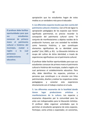 82
apropiación que los estudiantes hagan de estos
medios es un verdadero reto para el educador.
4. Los diferentes espacios locales que dan cuenta del
patrimonio cultural e histórico. Con el fin de lograr la
apropiación pedagógica de los espacios que tienen
significado patrimonial, es preciso recordar la
concepción del patrimonio cultural como “el
conjunto de manifestaciones u objetos nacidos de la
producción humana, que una sociedad ha recibido
como herencia histórica, y que constituyen
elementos significativos de su identidad como
pueblo” (Llul, 2005, p. 81). La Educación Artística se
ocupa del cultivo de dicha identidad, a través de
experiencias significativas con el patrimonio cultural.
El profesor debe facilitar oportunidades para que sus
estudiantes conozcan de primera mano el patrimonio
cultural e histórico del municipio, ciudad o región a la
cual pertenece el establecimiento educativo. Para
ello, debe identificar los espacios, prácticas o
personas que constituyen o se vinculan con hitos
patrimoniales, diseñar y realizar las respectivas visitas
pedagógicas y conectar esta experiencia
directamente con el trabajo creativo en el aula.
5. Los diferentes escenarios de la localidad donde
tienen lugar producciones artísticas y
manifestaciones de la cultura. Los espacios y
escenarios dispuestos por la comunidad para las
artes son indispensables para la Educación Artística.
El profesor debe organizar actividades que le
permitan al estudiante apropiarse de estos espacios.
Participar, como artista o espectador, en conciertos,
El profesor debe facilitar
oportunidades para que
sus estudiantes
conozcan de primera
mano el patrimonio
cultural e histórico del
municipio, ciudad o
región a la cual
pertenece el
establecimiento
educativo.
 