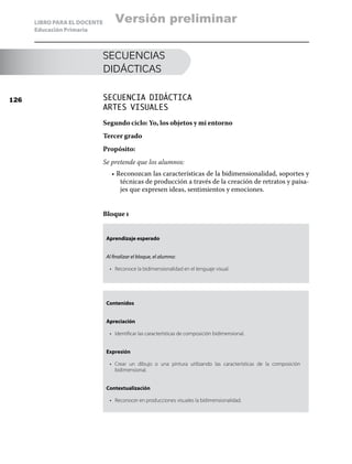 LIBRO PARA EL DOCENTE
Educación Primaria
SECUENCIAS
DIDÁCTICAS
SECUENCIA DIDÁCTICA
ARTES VISUALES
Segundo ciclo: Yo, los objetos y mi entorno
Tercer grado
Propósito:
Se pretende que los alumnos:
• Reconozcan las características de la bidimensionalidad, soportes y
técnicas de producción a través de la creación de retratos y paisa-
jes que expresen ideas, sentimientos y emociones.
Bloque i
Aprendizaje esperado
Al finalizar el bloque, el alumno:
•	 Reconoce la bidimensionalidad en el lenguaje visual.
Contenidos
Apreciación
•	 Identificar las características de composición bidimensional.
Expresión
•	 Crear un dibujo o una pintura utilizando las características de la composición
bidimensional.
Contextualización
•	 Reconocer en producciones visuales la bidimensionalidad.
126
Versión preliminar
 