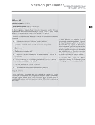 ARTICULACIÓN CURRICULAR
EDUCACIÓN ARTÍSTICA
DESARROLLO
Tiempo estimado: 35 minutos.
Organización sugerida: En grupo y en equipos.
El docente propone algunos fragmentos de música para que los alumnos
experimenten distintos movimientos (largos y cortos, rápidos y lentos, suaves
y fuertes, etcétera) de acuerdo con lo que la música les sugiere.
Una vez que experimentaron diferentes calidades de movimiento, el docente
pregunta:
•	 ¿Qué sintieron cuando escucharon la primera melodía?
•	 ¿Cambió su estado de ánimo cuando escucharon la siguiente?
•	 ¿Qué sintieron?
•	 ¿Cuál les gustó más y por qué?
•	 ¿Observaron que cada melodía nos propone diferentes calidades de
movimiento?
•	 ¿Qué movimientos nos sugirió la primera melodía?, ¿rápidos o lentos?,
¿largos o cortos?, ¿fluidos o cortados?
•	 ¿Y la segunda? (hace las mismas preguntas).
•	 ¿La música influye en la manera de movernos?, ¿por qué?
Después comenta:
Hemos explorado y observado que cada melodía genera cambios en las
calidadesdemovimiento;esdecir,nosproponemovernosrápidaolentamente,
con una energía suave o fuerte, con movimientos largos o cortos, fluidos o
cortados, además de que nos hace experimentar diferentes sensaciones y
emociones.
En esta actividad se pretende que los
alumnos experimenten diferentes calidades
de movimiento; se definen en la Parte II
de este libro. Se sugiere al docente no
aislar una calidad de otra, porque siempre
estamos haciendo movimientos con
diversas calidades; por lo cual es importante
que los alumnos, en diversos momentos,
realicen movimientos combinados, como
movimientos suaves con energía, etcétera.
El docente debe forjar un diálogo
constructivo, a partir de la observación del
trabajo propio del alumno y del de los demás.
135
Versión preliminar
 