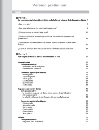 Parte I.
La enseñanza de Educación Artística en la Reforma Integral de la Educación Básica	7
¿Qué es el arte?	 7
¿Qué aporta la educación artística a los alumnos?	 9
¿Cómo acercarse al arte en la escuela? 	 11
¿Cómo contribuye el aprendizaje artístico al desarrollo decompetencias
para la vida? 	 13
¿Cómo se articula la enseñanza del arte en los tres niveles de la educación
básica?	 17
¿Cuál es el enfoque de la educación artística en la educación primaria?	 18
Parte II.
Estrategias didácticas para la enseñanza en el aula	 21
Artes visuales 	 22
	 Enfoque educativo	 22
		 Aprender a ver las imágenes 	 24
		 De materiales a medios	 26
	 Elementos y principios básicos 	 27
		 Primer grado	 27
		 Segundo grado	 29
		 Tercer grado	 33
		 Cuarto grado	 33
		 Quinto grado	 35	
		 Sexto grado 	 38
Expresión corporal y danza	 40
	 Enfoque educativo 	 40
		 La expresión corporal y la danza como puntos de partida para
		 el trabajo corporal 	 41
		 La relación del docente con la expresión corporal y la danza	 42
	 Elementos y principios básicos 	 44
		 Primer grado	 44
		 Segundo grado	 47	
		 Tercer grado	 49
		 Cuarto grado	 52
		 Quinto grado	 55
		 Sexto grado 	 58
Música	 61
	 Enfoque educativo 	 61
		 Preguntas para la reflexión	 62
Índice
Versión preliminar
 