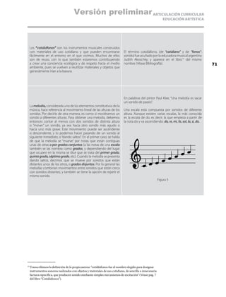 ARTICULACIÓN CURRICULAR
EDUCACIÓN ARTÍSTICA
Los “cotidiáfonos” son los instrumentos musicales construidos
con materiales de uso cotidiano y que pueden encontrarse
fácilmente en el entorno en el que vivimos. Muchos de ellos
son de reuso, con lo que también estaremos contribuyendo
a crear una conciencia ecológica y de respeto hacia el medio
ambiente, pues se vuelven a reutilizar materiales y objetos que
generalmente irían a la basura.
El término cotidiáfono, (de “cotidiano” y de “fonos”:
sonido) fue acuñado por la educadora musical argentina
Judith Akoschky, y aparece en el libro15
del mismo
nombre (Véase Bibliografía).
La melodía, considerada uno de los elementos constitutivos de la
música, hace referencia al movimiento lineal de las alturas de los
sonidos. Por decirlo de otra manera, es como si moviéramos un
sonido a diferentes alturas. Para obtener una melodía, debemos
entonces contar al menos con dos sonidos de distinta altura
o ”mover” un sonido, ya sea hacia otro sonido más agudo o
hacia uno más grave. Este movimiento puede ser ascendente
o descendente, y lo podemos hacer pasando de un sonido al
siguiente inmediato, o “dando saltos”. En el primer caso, se habla
de que la melodía se “mueve” por notas que están contiguas
unas de otras o por grados conjuntos (a las notas de una escala
también se las nombra como grados, y dependiendo del lugar
que ocupen en la misma se dice que se trata del primer grado,
quinto grado, séptimo grado, etc). Cuando la melodía se presenta
dando saltos, decimos que se mueve por sonidos que están
distantes unos de los otros, o grados disjuntos. Por lo general las
melodías combinan movimientos entre sonidos que están cerca
con sonidos distantes, y también se tiene la opción de repetir el
mismo sonido.
En palabras del pintor Paul Klee, “Una melodía es sacar
un sonido de paseo”.
Una escala está compuesta por sonidos de diferente
altura. Aunque existen varias escalas, la más conocida
es la escala de do, es decir, la que empieza a partir de
la nota do y va ascendiendo: do, re, mi, fa, sol, la, si, do.
Figura 5
15
	Transcribimos la definición de la propia autora: “cotidiáfonos fue el nombre elegido para designar
instrumentos sonoros realizados con objetos y materiales de uso cotidiano, de sencilla o innecesaria
factura específica, que producen sonido mediante simples mecanismos de excitación" (Véase pag. 7
del libro “Cotidiáfonos”).
71
Versión preliminar
 