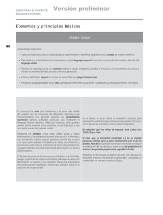 LIBRO PARA EL DOCENTE
Educación Primaria
Elementos y principios básicos
PRIMER GRADO
Aprendizajes esperados:
•	 Valora la importancia de su corporalidad al experimentar e identificar las partes de su cuerpo de manera reflexiva.
•	 Descubre sus posibilidades para expresarse y usa el lenguaje corporal como otra manera de relacionarse, además del
lenguaje verbal.
•	 Destaca la importancia de sus sentidos (sabores, olores, imágenes, sonidos y texturas) y su importancia al evocar y
recrear su entorno (familiar, escolar, comunal, personal).
•	 Utiliza y delimita el espacio en el que se desarrollan sus juegos de expresión.
•	 Reconoce las posibilidades de su voz, usándola en diferentes situaciones y comparte sus descubrimientos con otros.
El cuerpo es la casa que habitamos y la parte más visible
de nuestro ser; se compone de diferentes sistemas, cuyo
funcionamiento nos permite explorar sus posibilidades
expresivas (gestos, actitudes, posturas, voz, mediante el
lenguaje teatral; además, habla de nosotros, dice quiénes
somos, cómo estamos y nos sentimos, si nos falta algo, si hay
una parte que es importante cuidar.
Mediante los sentidos (vista, oído, olfato, gusto y tacto)
reafirmamos y fortalecemos nuestra relación con el mundo y
con los demás, nuestro cuerpo percibe y asimila los sucesos
y lo que otros quieren compartirnos: ideas, sentimientos y
emociones, todo esto, al momento de hacer dramatizaciones
o juegos teatrales resulta fundamental para lograr una buena
comunicación.
Enlaclasedeteatro,eldocentepropondrádiversasactividades,
juegos y ejercicios de manera constante, para que los alumnos
reconozcan su cuerpo y sus sentidos como una importante
herramienta para expresarse –misma que utiliza el actor en la
creación de un personaje.
En el teatro, el actor utiliza su expresión corporal para
representar a distintos tipos de personajes reales o ficticios,
como personas, animales, cosas o seres imaginarios.
En relación con los niños el maestro José Cañas (sep,
2003:52) escribió:
El niño, que se encuentra encerrado [...] en su mundo
personal, intenta poco a poco confrontarlo con el de los
adultos.Paraél,laexpresióneselmejormediodeconseguir
la aceptación de los demás y, sobre todo, de aceptarse a sí
mismo. La expresión proporciona seguridad al niño.
Entonces, en la escuela, el actor es el niño y la niña que se
disponen a recrear situaciones y personajes utlilizando su
cuerpo de una manera creativa y lúdica.
86
Versión preliminar
 