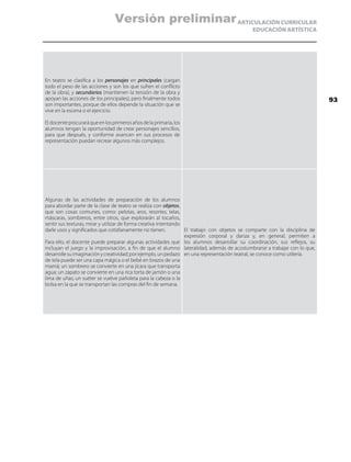 ARTICULACIÓN CURRICULAR
EDUCACIÓN ARTÍSTICA
En teatro se clasifica a los personajes en principales (cargan
todo el peso de las acciones y son los que sufren el conflicto
de la obra), y secundarios (mantienen la tensión de la obra y
apoyan las acciones de los principales), pero finalmente todos
son importantes, porque de ellos depende la situación que se
vive en la escena o el ejercicio.
Eldocenteprocuraráqueenlosprimerosañosdelaprimaria,los
alumnos tengan la oportunidad de crear personajes sencillos,
para que después, y conforme avancen en sus procesos de
representación puedan recrear algunos más complejos.
Algunas de las actividades de preparación de los alumnos
para abordar parte de la clase de teatro se realiza con objetos,
que son cosas comunes, como: pelotas, aros, resortes, telas,
máscaras, sombreros, entre otros, que explorarán al tocarlos,
sentir sus texturas, mirar y utilizar de forma creativa intentando
darle usos y significados que cotidianamente no tienen.
Para ello, el docente puede preparar algunas actividades que
incluyan el juego y la improvisación, a fin de que el alumno
desarrolle su imaginación y creatividad; por ejemplo, un pedazo
de tela puede ser una capa mágica o el bebé en brazos de una
mamá; un sombrero se convierte en una jícara que transporta
agua; un zapato se convierte en una rica torta de jamón o una
lima de uñas; un suéter se vuelve pañoleta para la cabeza o la
bolsa en la que se transportan las compras del fin de semana.
El trabajo con objetos se comparte con la disciplina de
expresión corporal y danza y, en general, permiten a
los alumnos desarrollar su coordinación, sus reflejos, su
lateralidad, además de acostumbrarse a trabajar con lo que,
en una representación teatral, se conoce como utilería.
93
Versión preliminar
 