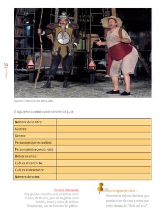 ¡Quijote!, Teatro Núcleo, Italia, 2002.
70
BLOQUEIV
El siguiente cuadro puede servirte de guía.
Nombre de la obra:
Autores:
Género:
Personaje(s) principal(es):
Personaje(s) secundario(s):
Dónde se sitúa:
Cuál es el conflicto:
Cuál es el desenlace:
Número de actos:
Para la siguiente clase…
Necesitarás objetos diversos que
puedas traer de casa y otros que
estén dentro del “Baúl del arte”.
Un dato interesante
Hay grandes comedias muy conocidas como
El avaro, de Molière, pero las tragedias como
Hamlet y Romeo y Julieta, de William
Shakespeare, son las favoritas del público.
AB-EDU-ART-5-P-044-096.indd 70 11/10/11 13:44
 