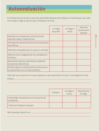 Autoevaluación
Es tiempo de que revises lo que has aprendido después de trabajar en este bloque. Lee cada
enunciado y elige la opción que consideres correcta.
Lo hago
muy bien
Lo hago a
veces
Necesito
ayuda para
hacerlo
Identifico la instalación como forma de
expresar ideas y experiencias.
Distingo las danzas folclóricas de las danzas
autóctonas.
Identifico las grafías de un octavo o corchea.
Diferencio las tragedias de las comedias en
el teatro.
Represento danzas autóctonas mediante
secuencias dancísticas.
Diseño algunas instalaciones artísticas que
se relacionan con mi vida cotidiana.
Describe una situación en la que apliques lo que aprendiste, hiciste o investigaste en este
bloque:
Siempre
Lo hago a
veces
Difícilmente
lo hago
Intervengo activamente en la solución de
problemas.
Valoro el trabajo en equipo.
Me propongo mejorar en:
73
AUTOEVALUACIÓN
AB-EDU-ART-5-P-044-096.indd 73 11/10/11 13:44
 