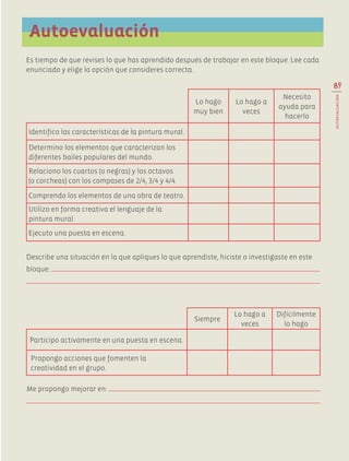 Autoevaluación
Es tiempo de que revises lo que has aprendido después de trabajar en este bloque. Lee cada
enunciado y elige la opción que consideres correcta.
Lo hago
muy bien
Lo hago a
veces
Necesito
ayuda para
hacerlo
Identifico las características de la pintura mural.
Determino los elementos que caracterizan los
diferentes bailes populares del mundo.
Relaciono los cuartos (o negras) y los octavos
(o corcheas) con los compases de 2/4, 3/4 y 4/4.
Comprendo los elementos de una obra de teatro.
Utilizo en forma creativa el lenguaje de la
pintura mural.
Ejecuto una puesta en escena.
Describe una situación en la que apliques lo que aprendiste, hiciste o investigaste en este
bloque:
Siempre
Lo hago a
veces
Difícilmente
lo hago
Participo activamente en una puesta en escena.
Propongo acciones que fomenten la
creatividad en el grupo.
Me propongo mejorar en:
89
AUTOEVALUACIÓN
AB-EDU-ART-5-P-044-096.indd 89 11/10/11 13:44
 