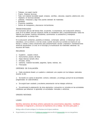 • Trabajos con papel maché
• Foamy. Diversas técnicas
• Todo con material reciclable (papel, envases, semillas , cáscaras, capacho, plástico etc. etc)
• Tarjetería en técnicas variadas
• Libélulas, mariposas y algo más usando variedad de materiales
• Bordados
• Proyectos navideños.
• Dulces de masapanes y decoracion de bombones.
TRANSVERSALIDAD
En el proyecto del uso del tiempo libre, se percibe, la importancia, de la educación artística,
pues en el se deben procurar espacios donde se manifiesten libre y espontáneamente todos los
talentos que poseen nuestros estudiantes, aumentando su autoestima y manejando
adecuadamente su tiempo libre.
En la educación ambiental, posibilita al individuo, contemplar ,admirar, e interactuar con la
naturaleza, con su entorno y con las cosas; cuando escucha sus sonidos se inspira en sus
formas y colores y evoca situaciones para posteriormente recrear y reproducir manifestaciones
artísticas apoyándose a la vez en el reciclaje y la reutilización de materiales valorando los
recursos del medio.
RECURSOS
 Cuaderno , carpeta o block.
 Instrumentos propios del área
 Hojas blancas tamaño oficio
 Pinceles, vinilos,
 Cartulina, material reciclable, pegantes, tijeras, revistas, etc.
 Fotocopias
CRITERIOS DE EVALUACIÓN
 Cada estudiante llevará un cuaderno o elaborará una carpeta con los trabajos realizados
durante el año
 Se tendrá en cuenta el desarrollo correcto, ordenado y la entrega puntual de las actividades
programadas en cada temática.
 Se exigirá buen acabado y excelente presentación de los trabajos artísticos
 Se estimulará la elaboración de otros elementos o proyectos no incluidos en las actividades
cotidianas que refuercen lo aprendido en actividades manuales o artísticas.
GRADOS NOVENOS
LOGRO
Identifica elementos del dibujo artístico aplicando los conocimientos adquiridos, manifiesta
creatividad e imaginación y reconoce la importancia de su trabajo. Se tomo para grado v
Indaga sobre el teatroantiguoy lorelaciona con la época moderna.
 Experimenta y se recrea con el trabajoen equipocomomediode interacción con sus compañeros.
 