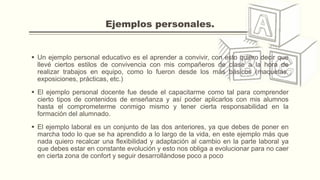 Ejemplos personales.
 Un ejemplo personal educativo es el aprender a convivir, con esto quiero decir que
llevé ciertos estilos de convivencia con mis compañeros de clase a la hora de
realizar trabajos en equipo, como lo fueron desde los más básicos (maquetas,
exposiciones, prácticas, etc.)
 El ejemplo personal docente fue desde el capacitarme como tal para comprender
cierto tipos de contenidos de enseñanza y así poder aplicarlos con mis alumnos
hasta el comprometerme conmigo mismo y tener cierta responsabilidad en la
formación del alumnado.
 El ejemplo laboral es un conjunto de las dos anteriores, ya que debes de poner en
marcha todo lo que se ha aprendido a lo largo de la vida, en este ejemplo más que
nada quiero recalcar una flexibilidad y adaptación al cambio en la parte laboral ya
que debes estar en constante evolución y esto nos obliga a evolucionar para no caer
en cierta zona de confort y seguir desarrollándose poco a poco
 