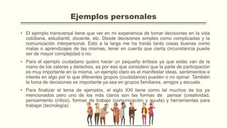 Ejemplos personales
• El ejemplo transversal tiene que ver en mi experiencia de tomar decisiones en la vida
cotidiana, estudiantil, docente, etc. Desde decisiones simples como complicadas y la
comunicación interpersonal. Esto a la larga me ha traído tanto cosas buenas como
malas o aprendizajes de las mismas, tener en cuenta que cierta circunstancia puede
ser de mayor complejidad o no.
• Para el ejemplo ciudadano quiero hacer un pequeño énfasis ya que estás van de la
mano de los valores y derechos, es por eso que considero que la parte de participación
es muy importante en la misma, un ejemplo claro es el manifestar ideas, sentimientos e
interés en algo por lo que diferentes grupos (ciudadanos) pueden o no opinar. También
la toma de decisiones es importante ya sea en grupos familiares, amigos y escuela.
• Para finalizar el tema de ejemplos, el siglo XXI tiene como tal muchos de los ya
mencionados pero uno de los más claros son las formas de pensar (creatividad,
pensamiento crítico), formas de trabajo (comunicación y ayuda) y herramientas para
trabajar (tecnología).
 
