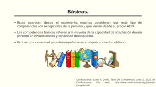 Básicas.
 Estas aparecen desde el nacimiento, muchos consideran que este tipo de
competencias son excepciones de la persona y que vienen desde su propio ADN.
 Las competencias básicas refieren a la mayoría de la capacidad de adaptación de una
persona en circunstancias y capacidad de respuesta.
 Esta es una capacidad para desempeñarse en cualquier contexto cotidiano.
Clasificaciónde. (Junio 9, 2018). Tipos De Competencia. Junio 2, 2020, de
Clasificaciónde Sitio web: https://www.clasificacionde.org/tipos-de-
competencia/
 