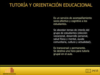 TUTORÍA Y ORIENTACIÓN EDUCACIONAL Es un servicio de acompañamiento socio-afectivo y cognitivo a los estudiantes. Se abordan temas de interés del grupo de estudiantes (elección vocacional, desarrollo personal, salud física y mental, ayuda comunitaria, cultura y actualidad).  Es transversal y permanente. Se destina una hora para tutoría grupal en el aula. 14/15 MINISTERIO DE EDUCACIÓN 