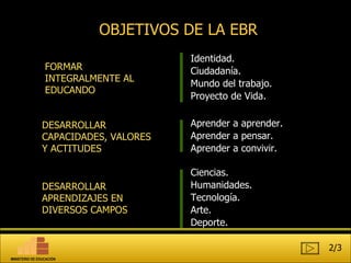 OBJETIVOS DE LA EBR DESARROLLAR APRENDIZAJES EN DIVERSOS CAMPOS DESARROLLAR CAPACIDADES, VALORES Y ACTITUDES Identidad. Ciudadanía. Mundo del trabajo. Proyecto de Vida. Aprender a aprender. Aprender a pensar. Aprender a convivir. Ciencias. Humanidades. Tecnología. Arte. Deporte. FORMAR INTEGRALMENTE AL EDUCANDO 2/3 MINISTERIO DE EDUCACIÓN 