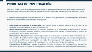 PROBLEMA DE INVESTIGACIÓN
Para Mora Vargas (2005), el problema de investigación se organiza en cuatro puntos: acercamiento al problema
de investigación, definición del problema, planteamiento del problema y, planteamiento de objetivos y metas.
El problema de investigación se puede enunciar de la manera usual, planteando una interrogante o de manera
declarativa, enunciando el propósito de la investigación:
- Acercamiento al problema de investigación: descripción, desde un ámbito más concreto, de cómo se ha
abordado o se podría abordar el tema de investigación.
- Definición del problema: Justificación, en términos generales, de la necesidad y la importancia de estudiar
los aspectos o variables derivadas, es decir: para qué sirve hacer este estudio, cuál es el aporte, a quienes les
podrían servir los resultados del estudio.
- Planteamiento del problema: Se plantea el problema de investigación en términos de la relación de dos o
más variables. El problema de investigación debe presentar la variable principal y las variables relacionadas.
Se formula el problema de investigación por medio de una pregunta vital, pregunta fuerza, o de manera
descriptiva. Se expresa el problema de investigación en una dimensión temporal y espacial.
- Planteamiento de objetivos y metas: Después de formular el problema de investigación se plantean los
objetivos y las metas. La función de los objetivos es expresar los resultados una vez finalizada la investigación.
 
